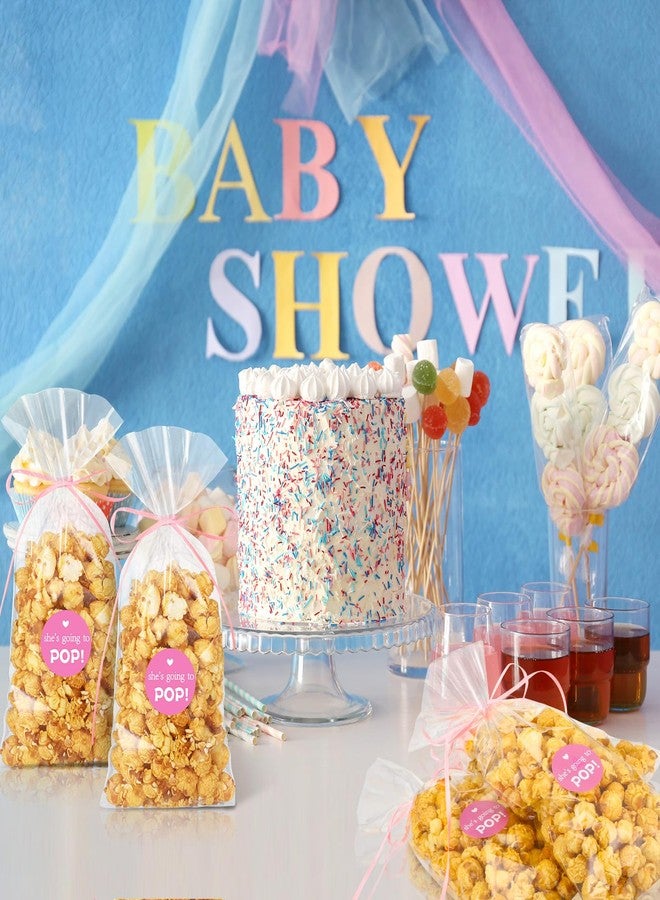 Menkxi 100 Pack Clear Popcorn Bags Bulk 4.92 x 10.83 Inch Cellophane Treat Plastic Party Favors Bags with She Is Going to Pop Label and Ribbon for Gift Wrapping, Food Storage, Baby Shower Decor(Pink) - Image 4